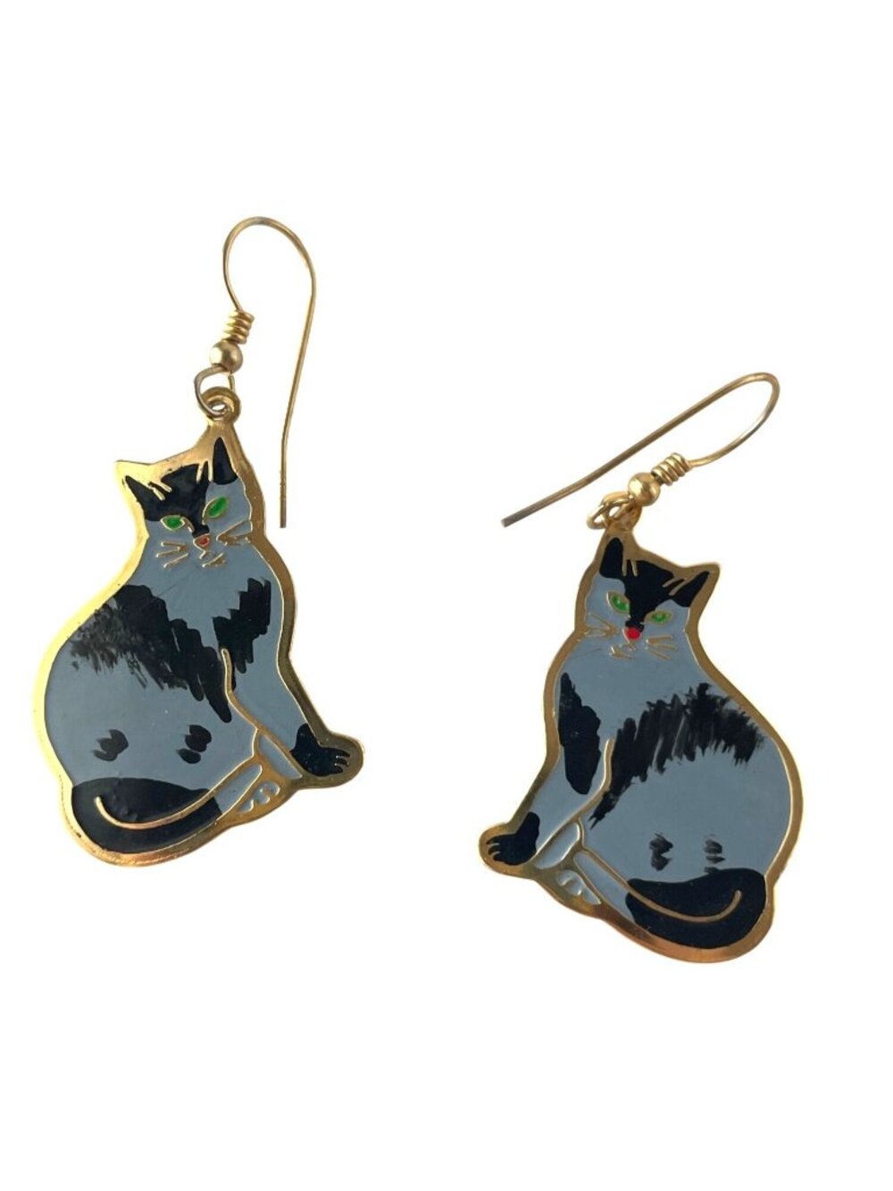 Vintage MEOW Cloisonne Cat Metal Dangle Signed Earrings Goldtone Gray & Black